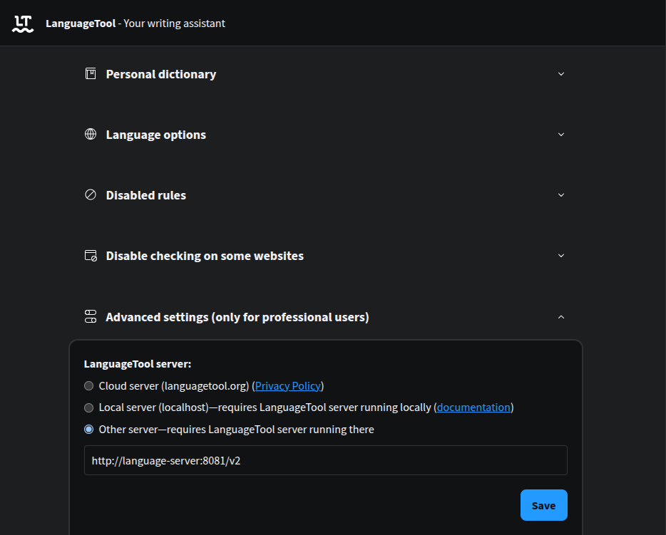 LanguageTool Extension Options